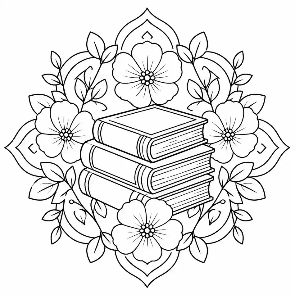 Books and Flowers printable coloring page