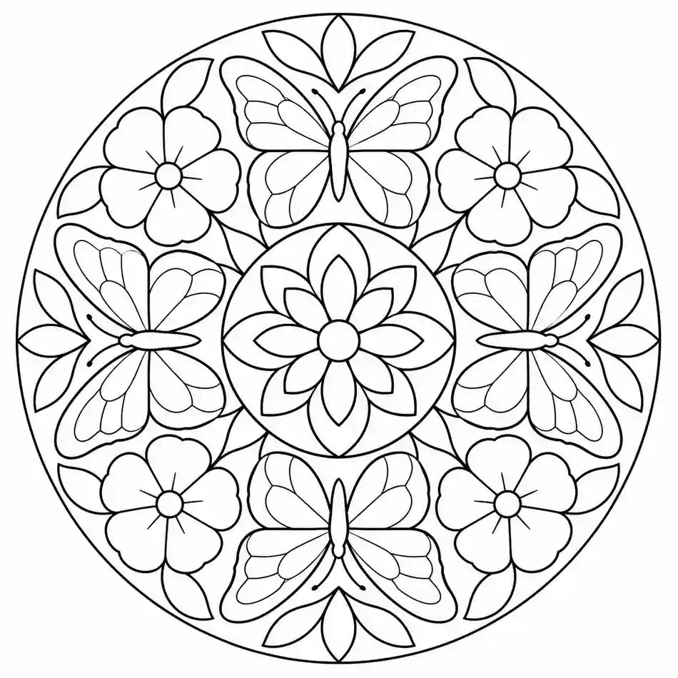 Butterflies and Flowers Mandala printable coloring page