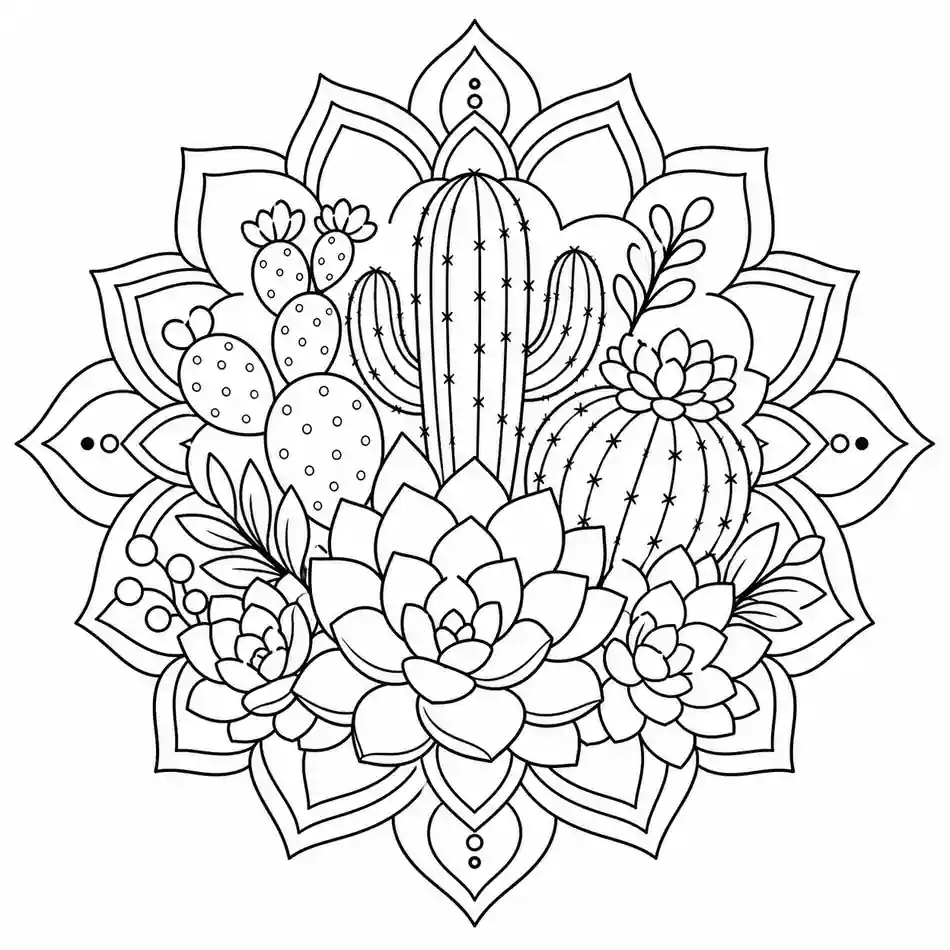 Cactus and Succulents Mandala printable coloring page