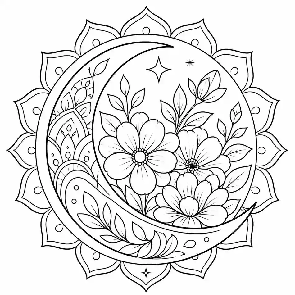 Crescent Moon with Flowers printable coloring page