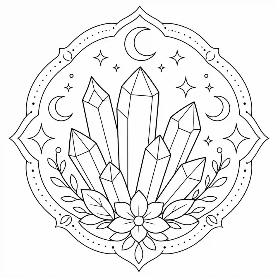 Crystals and Stars Mandala printable coloring page