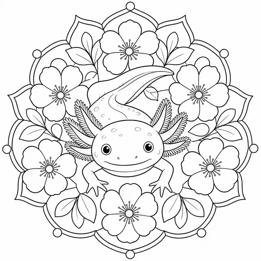 Floral Axolotl Mandala printable coloring page