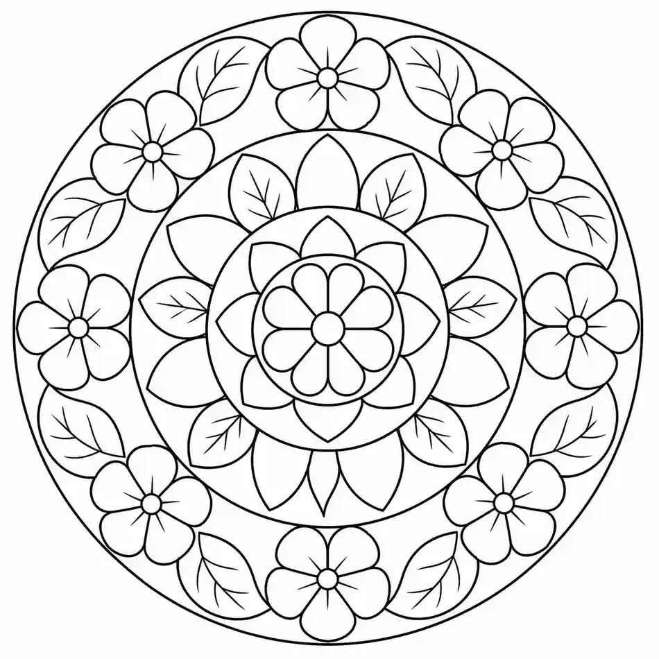 Flowers and Leaves Mandala printable coloring page