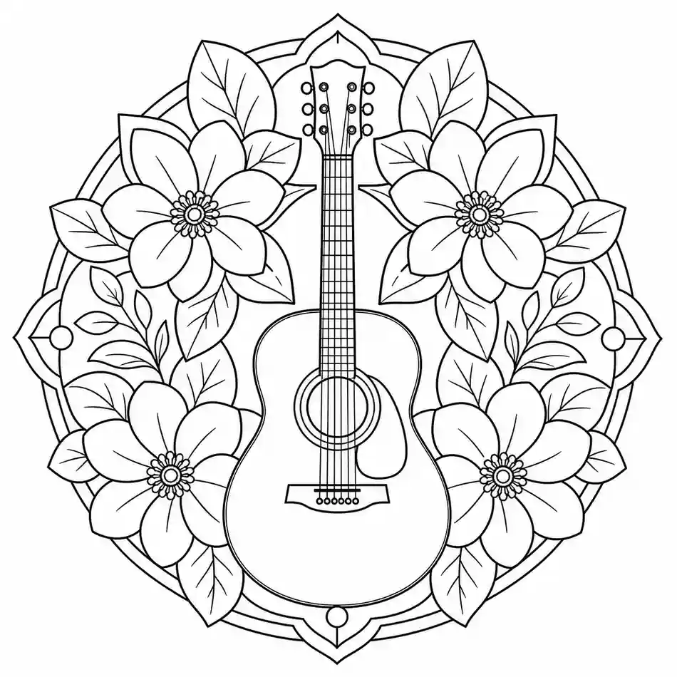 Guitar with Flowers printable coloring page