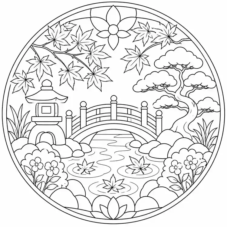 Japanese Garden Mandala printable coloring page