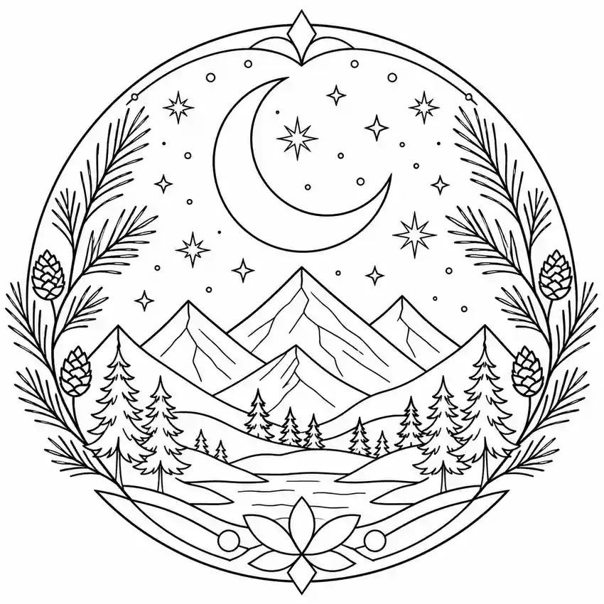Mountains and Moon Mandala printable coloring page