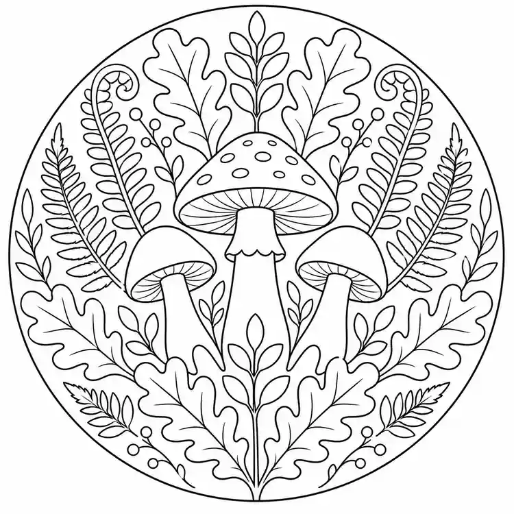 Mushroom Forest Mandala printable coloring page