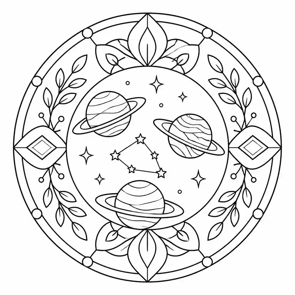 Planets and Stars Mandala printable coloring page