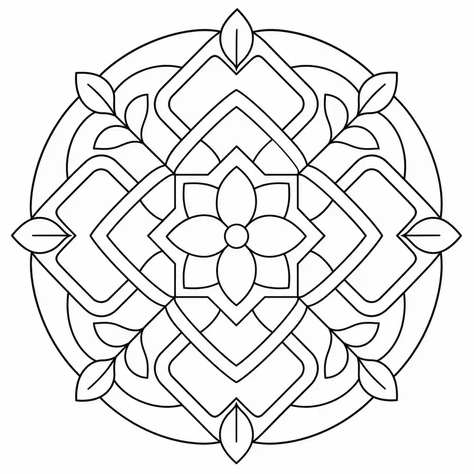 Squares and Leaves Mandala printable coloring page
