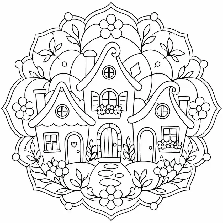 Storybook Houses Mandala printable coloring page