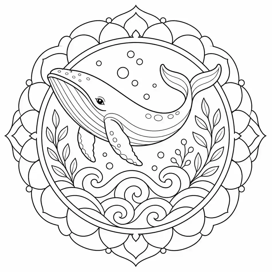 Whale and Ocean Mandala printable coloring page