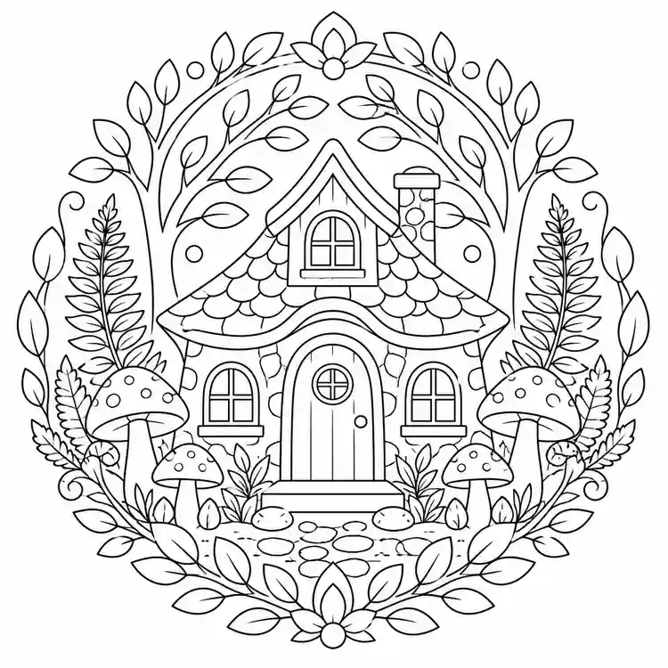 Woodland Cottage Mandala printable coloring page